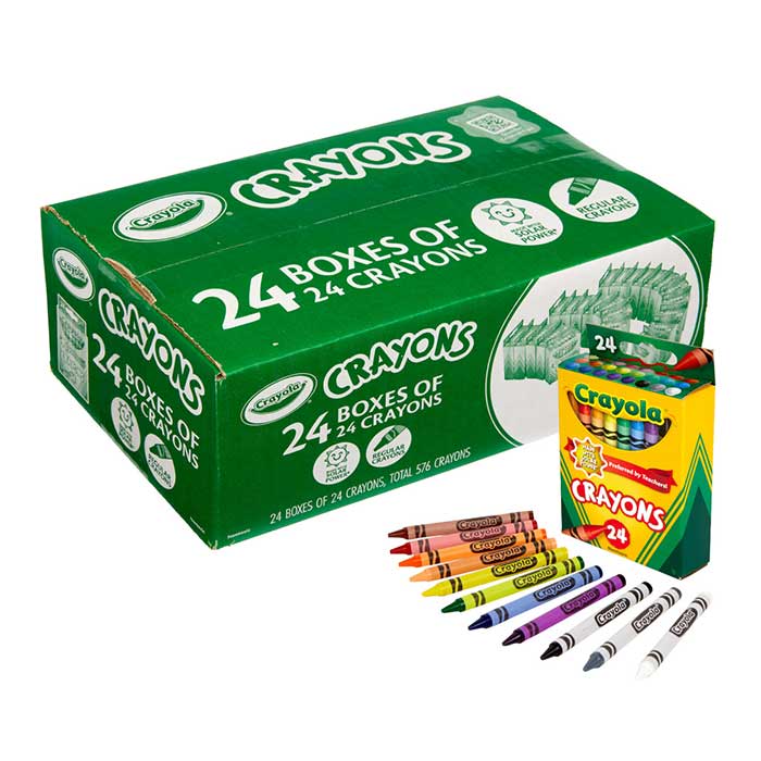 Bulk 24 Box Classpack of 24 Crayons packaging and 1 individual box with select crayons.