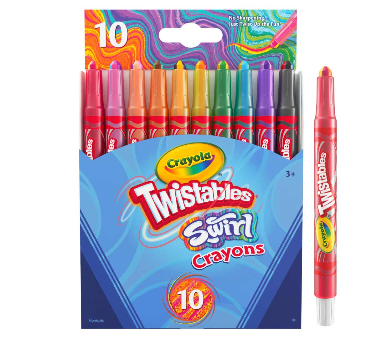 Swirl Mini Twistable Crayons  10 count. One Swirl mini Twistable standing on end next to full package.