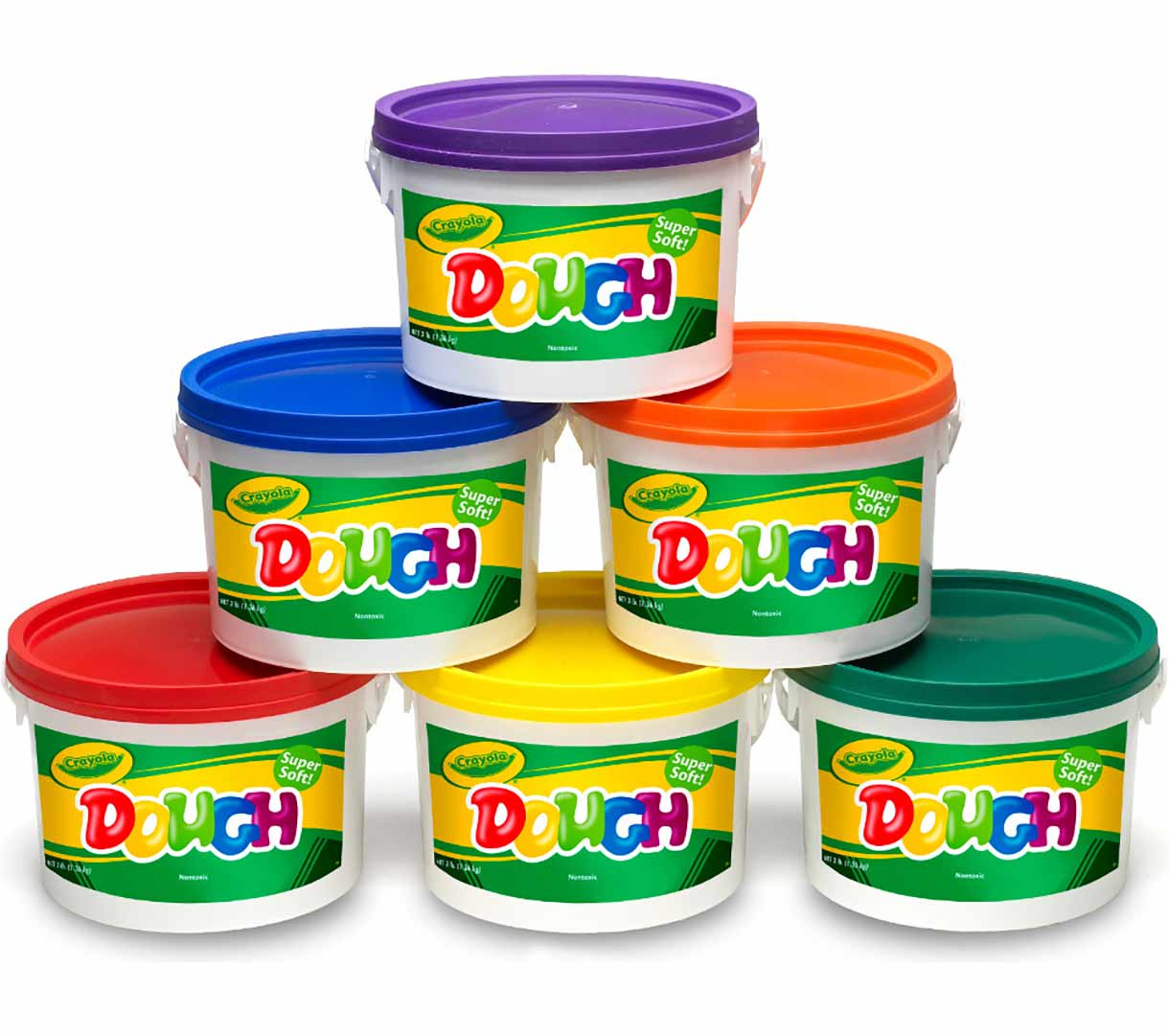 crayola dough set  6 3lb resealable buckets. 6 buckets stacked in a pyramid.
