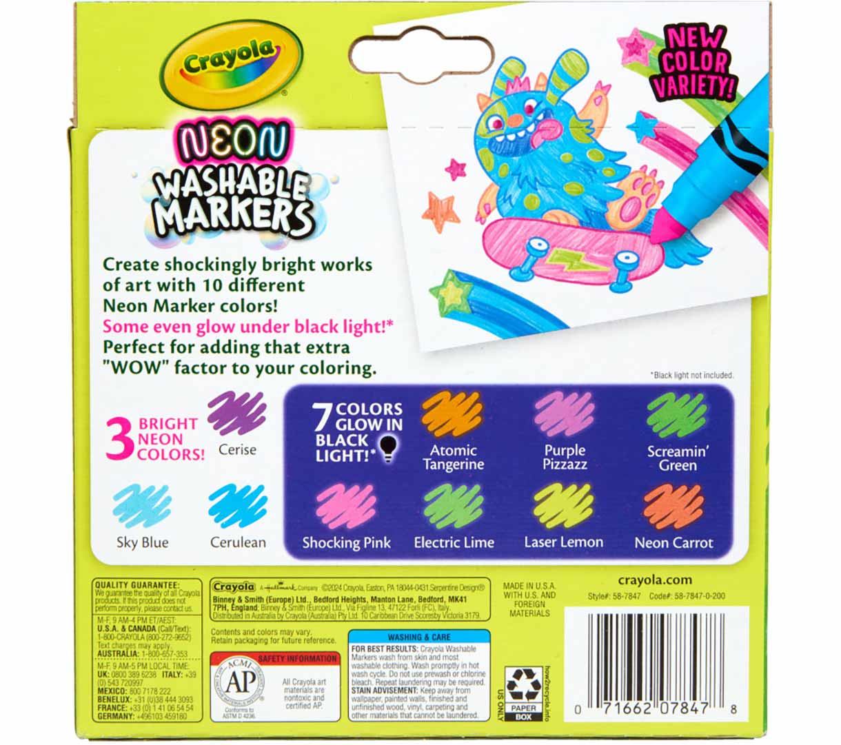 Neon Washable Markers, Broad Line, 10 Count, back view.