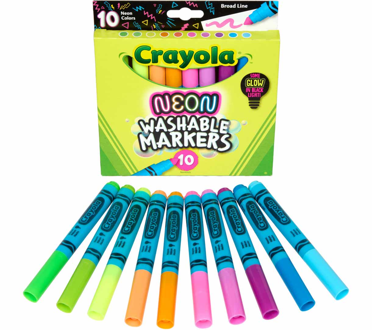 Neon Washable Markers, Broad Line, 10 Count packaging and contents.