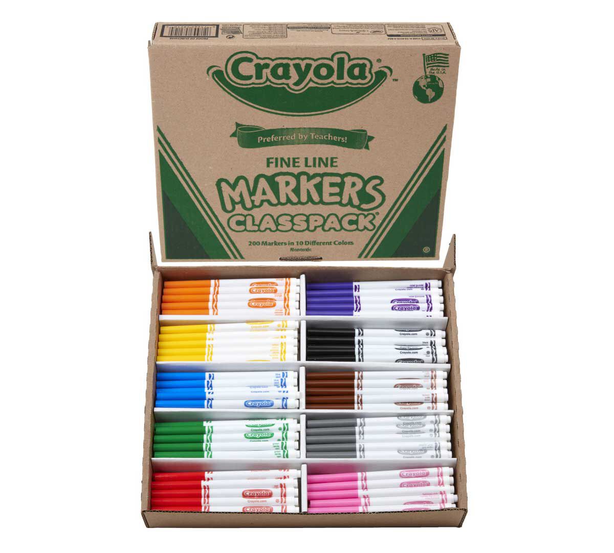 Ultra-clean washable fine line markers classpack 200 count 10 colors. Front of packaging and contents.