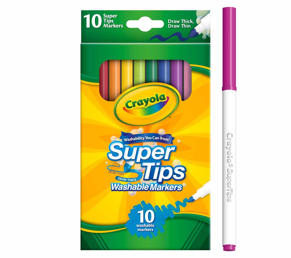 Washable Super Tips Markers  10 count packaging and one marker standing on end next to box.