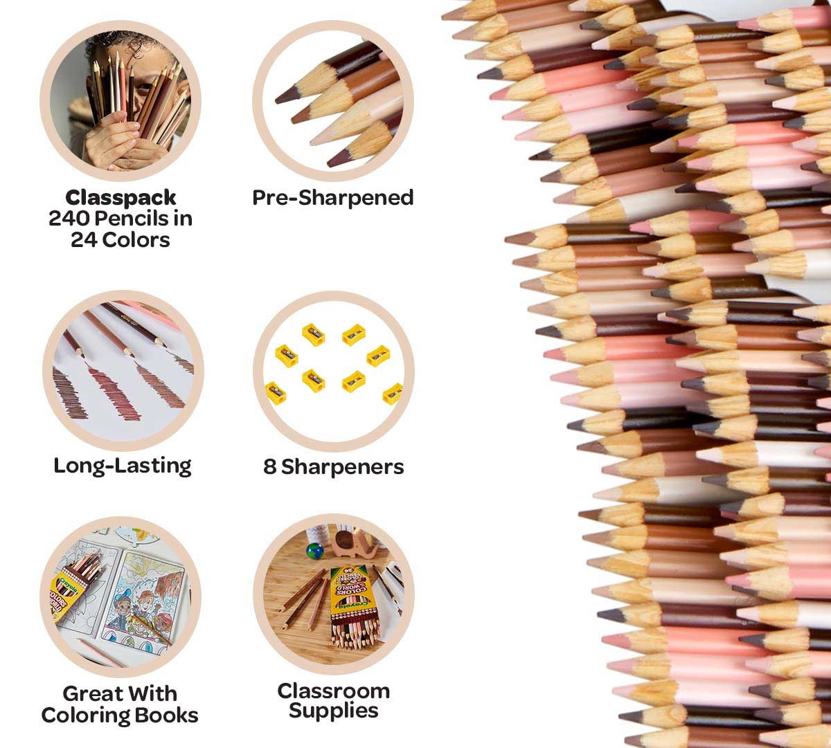 Colors of the World Colored Pencil Classpack. 240 Pencils in 24 colors. Pre-sharpened. Long-Lasting. 8  Sharpeners. Great with coloring books.  Classroom supplies.