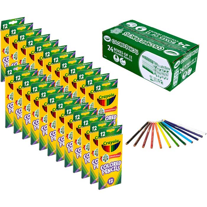 Bulk Colored Pencil Set, 24 Boxes of 12 Colors. Packaging and contents.