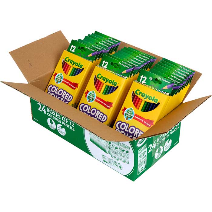 Bulk Colored Pencil Set, 24 Boxes of 12 Colors. contents inside of packaging.