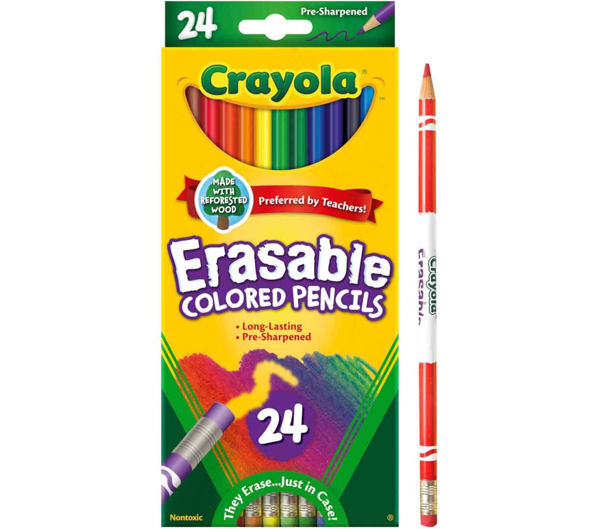 Erasable Colored Pencils  24 count packaging and one pencil standing side by side.