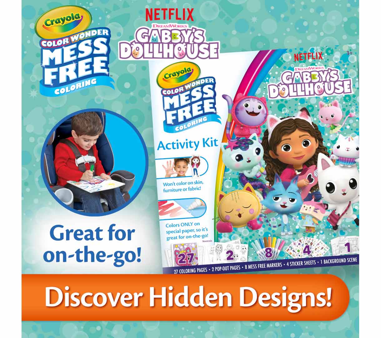 Color Wonder Mess Free Activity Kit  Gabby's Dollhouse. Great for on-the-go! Discover hidden designs!
