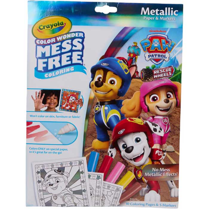 Color Wonder Mess Free PAW Patrol Rescue Wheels Metallic Coloring Pages & Markers front view.