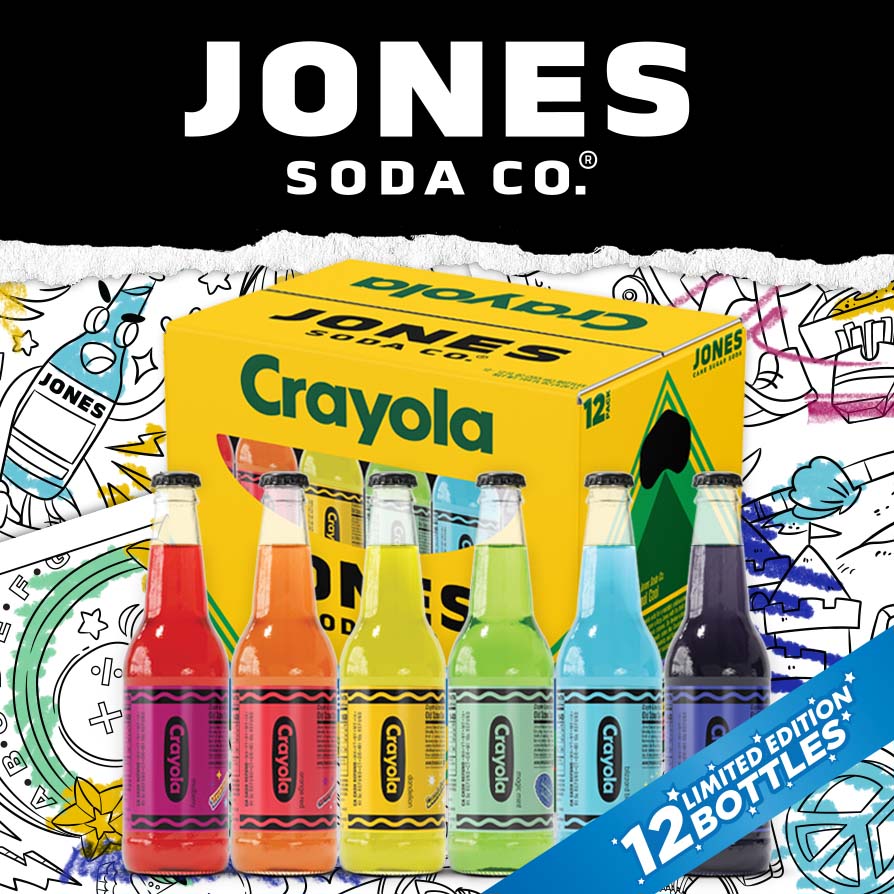 Jones Soda bottles in a Crayola crayon box