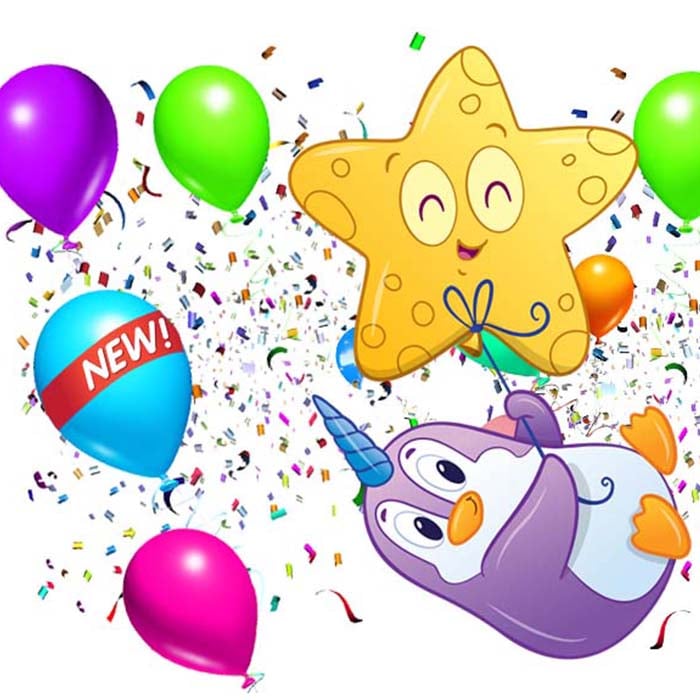 Uni-Penguin with balloons and confetti.