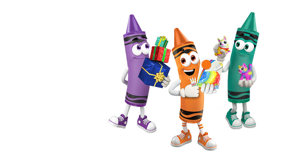 Personajes de Crayola con juguetes y regalos.